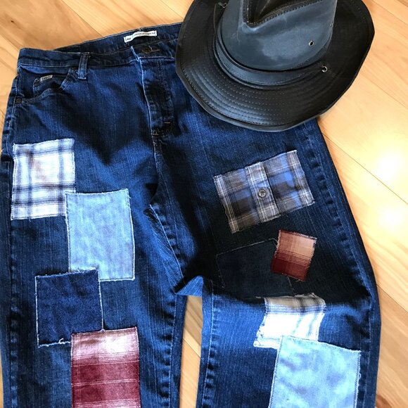 Flannel Patchwork Jeans, Size 16: Upcycled Distressed Denim & Plaid, Funky Pants - Picture 6 of 11